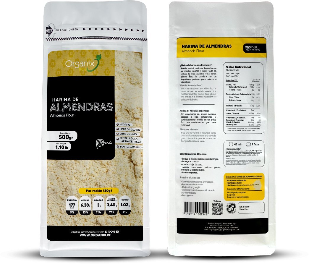 Harina de Almendras Organix Perú con información nutricional detallada y certificación de calidad.