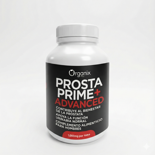 Frasco de Cápsulas PROSTA PRIME+ ADVANCED visto de frente, con etiqueta negra y roja, mostrando el nombre del producto y su diseño premium para bienestar masculino