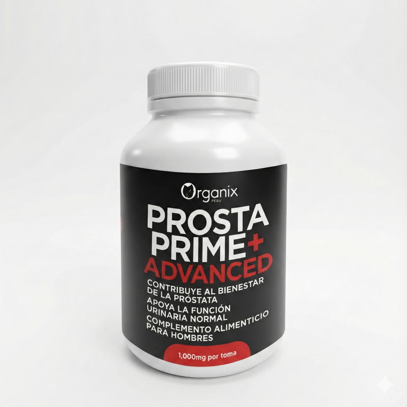 Frasco de Cápsulas PROSTA PRIME+ ADVANCED visto de frente, con etiqueta negra y roja, mostrando el nombre del producto y su diseño premium para bienestar masculino