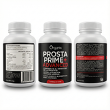 Vista posterior del frasco de Cápsulas PROSTA PRIME+ ADVANCED, mostrando tabla nutricional, ingredientes, modo de consumo y datos del suplemento.