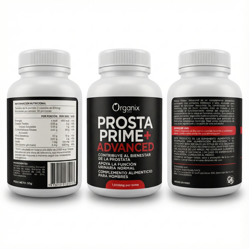 Vista posterior del frasco de Cápsulas PROSTA PRIME+ ADVANCED, mostrando tabla nutricional, ingredientes, modo de consumo y datos del suplemento.