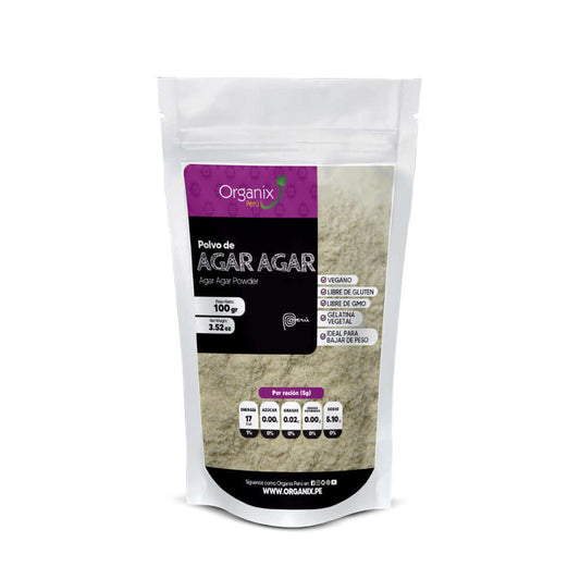 Agar Agar en Polvo Organix Perú, gelatina vegetal, ideal para bajar de peso, elimina residuos del estómago e intestino, regular el azúcar en sangre