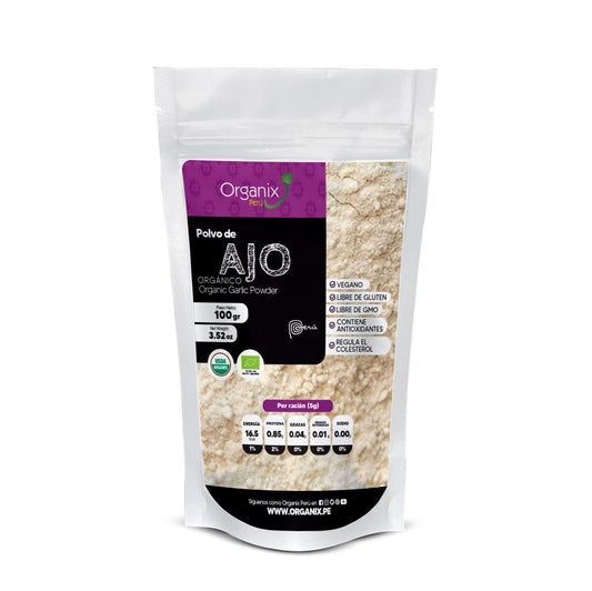 Paquete de Ajo en Polvo Organix Perú, 100g, suplemento nutricional vegano y libre de gluten, ayuda a reducir colesterol y fortalecer sistema inmunitario.