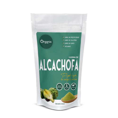 Harina de Alcachofa Organix Perú en envase natural, superalimento rico en fibra y antioxidantes.