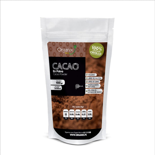Cacao en Polvo Organix Perú, rico en antioxidantes, delicioso sabor, energizante natural, mejora el estado de ánimo
