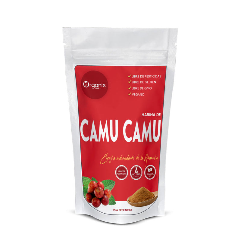 Harina de Camu Camu Gelatinizada Organix Perú 100% natural en envase doypack, rica en vitamina C y antioxidantes.