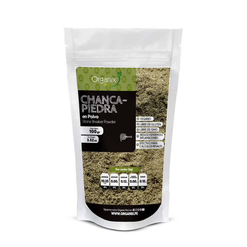 Organix Perú Chancapiedra en Polvo, remedio herbal para eliminar cálculos renales y regular la hipertensión. Bolsa de 100g.