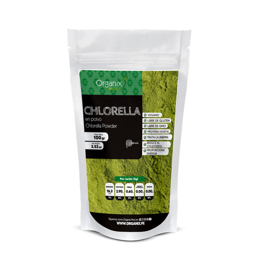 Doypack de Chlorella en Polvo Organix Perú 100% natural, superalimento detox rico en clorofila y proteínas vegetales.