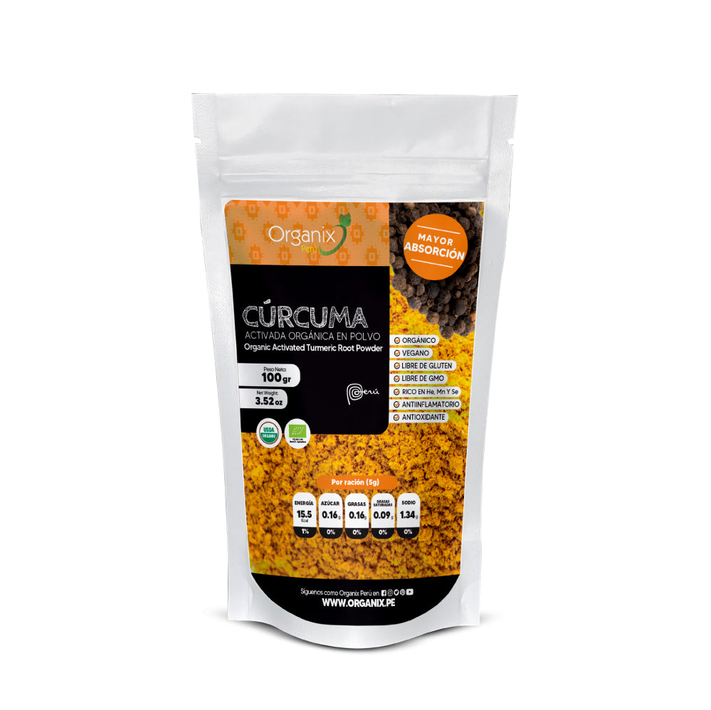 Cúrcuma activada en polvo Organix Perú 100% natural con piperina, antioxidante y funcional.