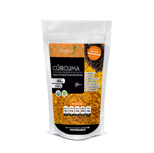 Cúrcuma activada en polvo Organix Perú 100% natural con piperina, antioxidante y funcional.