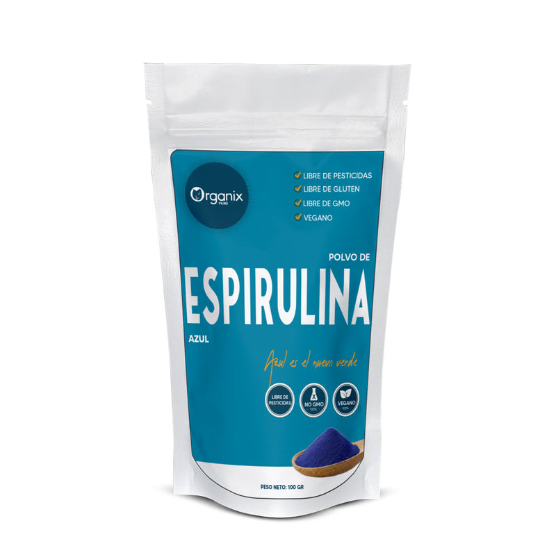 Espirulina Azul en Polvo Organix Perú, superalimento natural rico en ficocianina antioxidante, presentación doypack ecológico