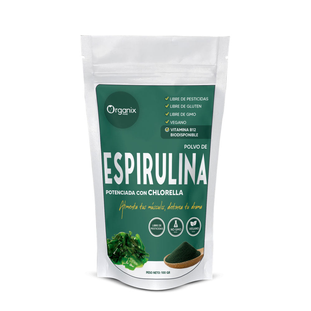 Espirulina y Chlorella en polvo Organix Perú en envase transparente