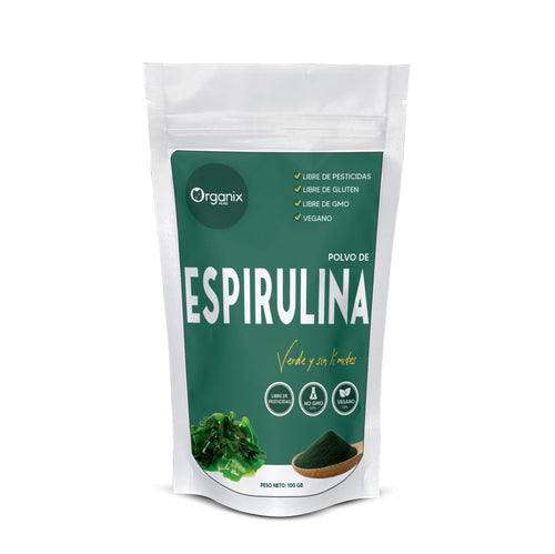 Espirulina en polvo Organix Perú 100% natural, rica en proteínas, vitaminas y antioxidantes para energía y bienestar diario