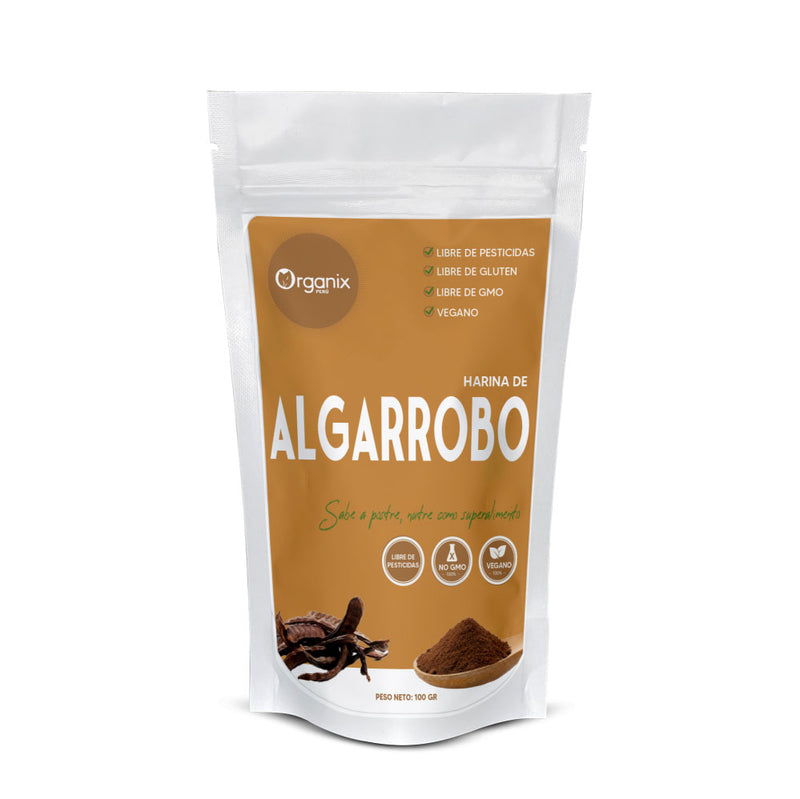 Harina de Algarrobo Organix Perú – superalimento natural sin azúcar ni gluten, fuente de fibra y antioxidantes.