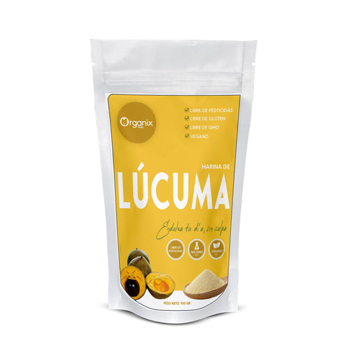 Harina de Lúcuma Organix Perú en envase natural, superalimento peruano rico en fibra y antioxidantes.