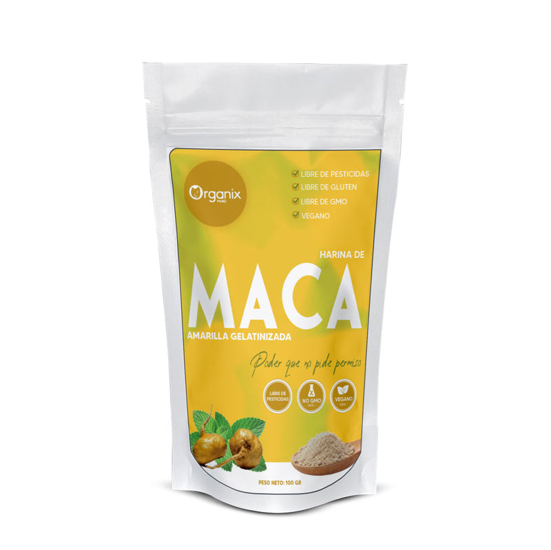 Doypack de Harina de Maca Amarilla Gelatinizada Organix Perú, suplemento natural andino 100% puro, energizante y nutritivo, ideal para smoothies y batidos saludables.