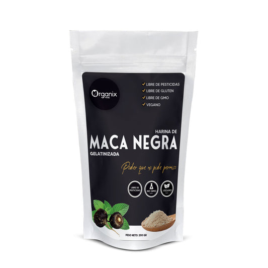 Harina de Maca Negra Gelatinizada Organix Perú 100% natural en envase doypack, superalimento andino energético y nutritivo