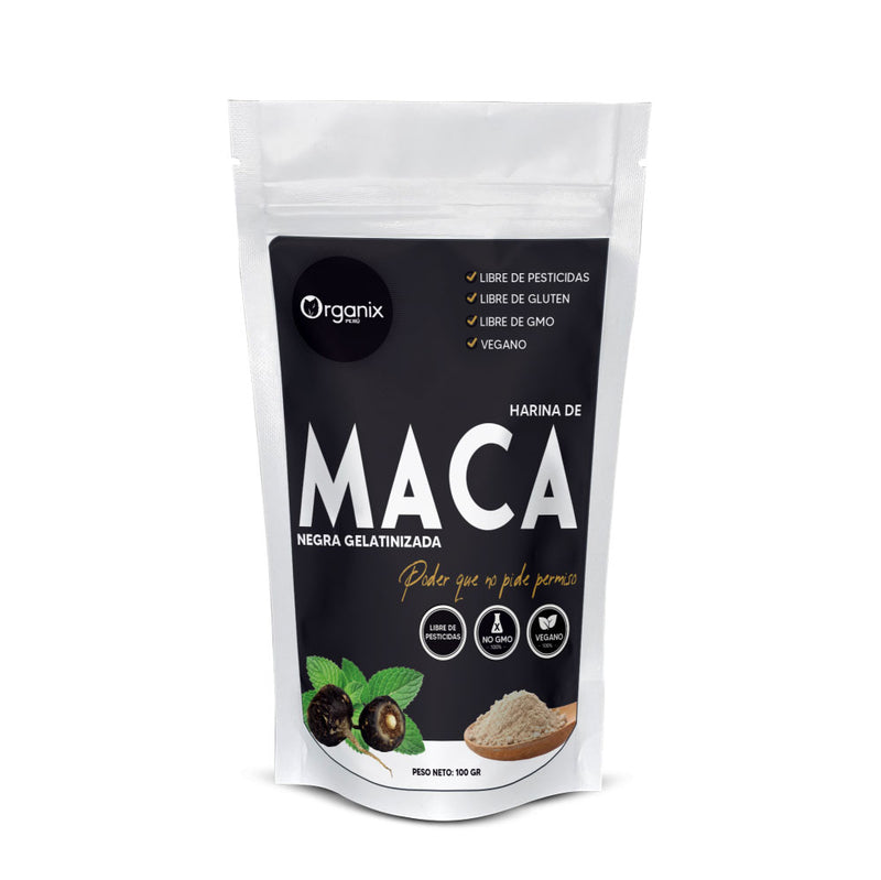 Harina de Maca Negra Gelatinizada Organix Perú 100% natural en envase doypack, superalimento andino energético y nutritivo