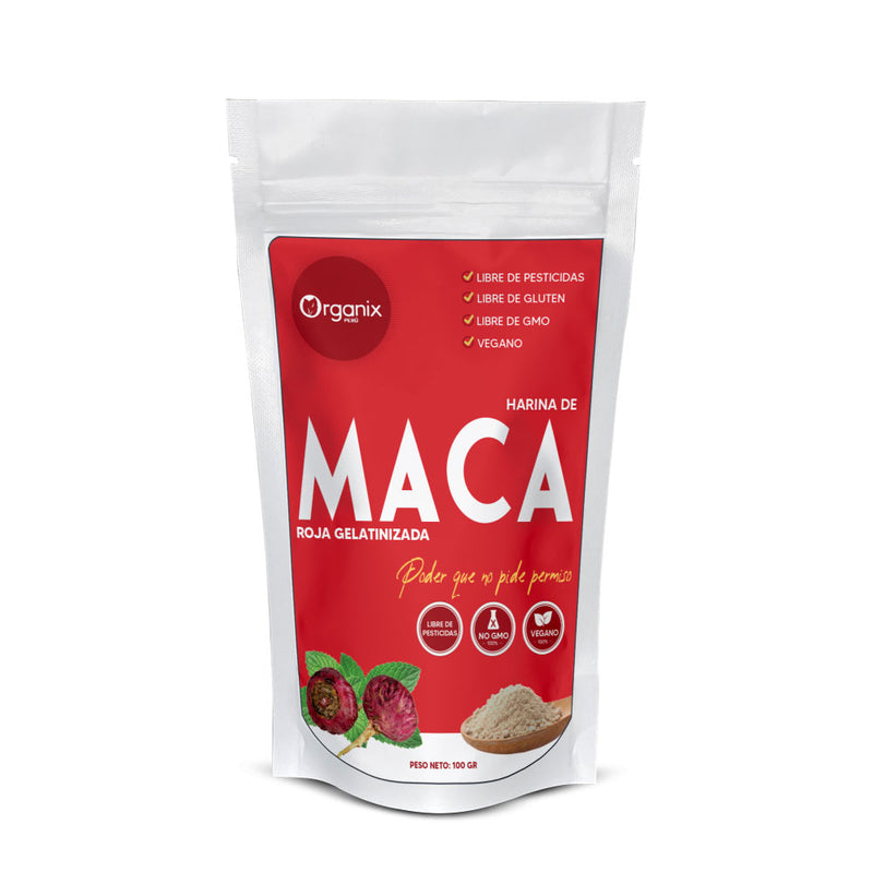 Harina de Maca Roja Gelatinizada Organix Perú, superalimento andino 100% natural en envase doypack, fuente de energía, proteínas y antioxidantes, ideal para una nutrición saludable.