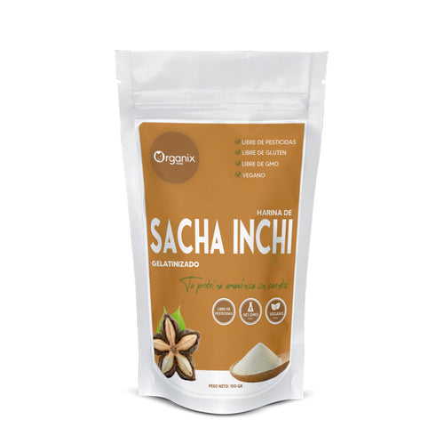 Harina de Sacha Inchi Gelatinizado Organix Perú en envase ecológico con superalimento natural rico en proteína vegetal y omega 3.