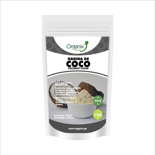 Harina de coco natural Organix Perú en doypack biodegradable, sin gluten y rica en fibra.