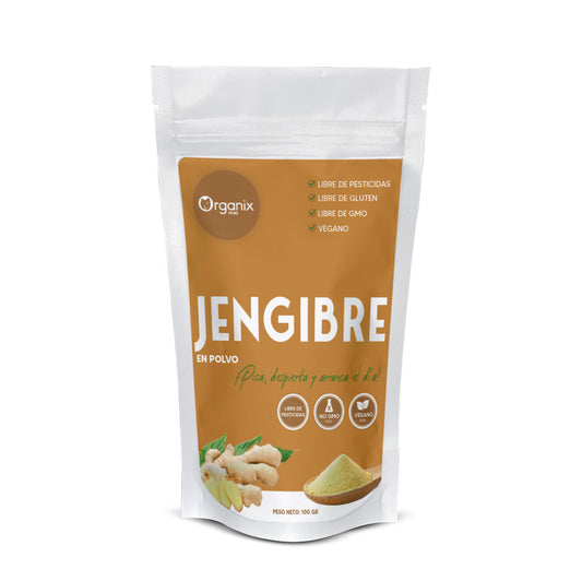 Jengibre en polvo natural Organix Perú en envase ecológico, 100% raíz de Zingiber officinale, fuente natural de gingeroles y antioxidantes.