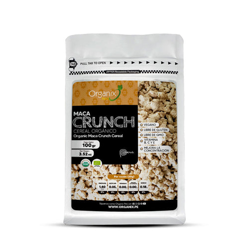 Package of Maca Crunch Organix Perú cereal featuring organic maca and panela for enhanced physical and intellectual performance.