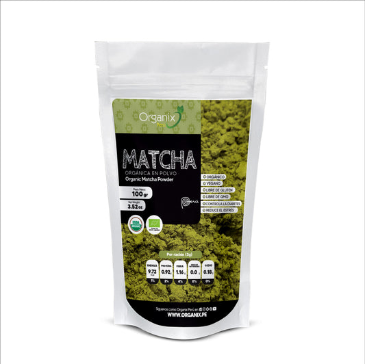 Matcha en polvo orgánico Organix Perú, superalimento antioxidante natural.