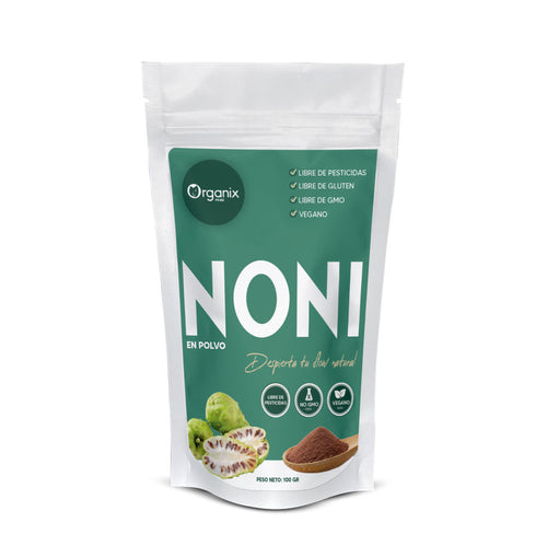 Envase de Noni en Polvo Organix Perú, suplemento natural antioxidante de Morinda citrifolia.