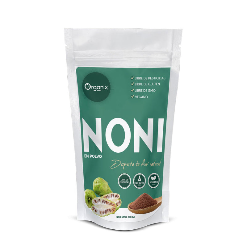 Envase de Noni en Polvo Organix Perú, suplemento natural antioxidante de Morinda citrifolia.