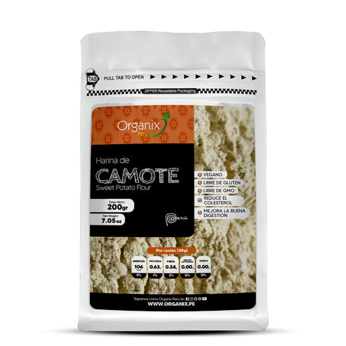 Doypack de Harina de Camote Organix Perú 100% natural, rica en fibra, antioxidantes y carbohidratos saludables para una nutrición balanceada