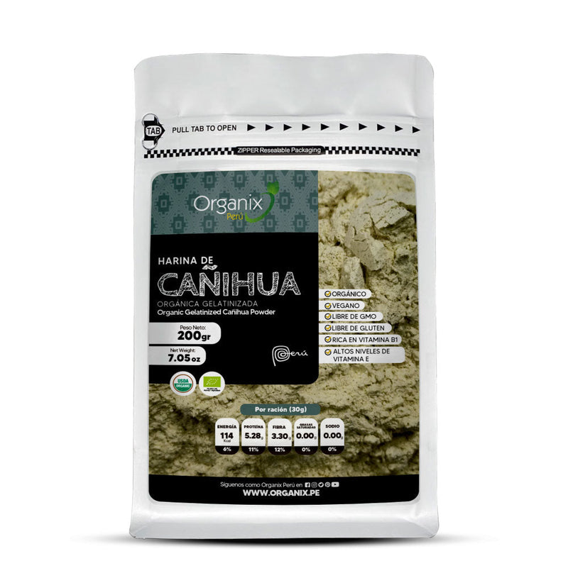 Harina de Cañihua Gelatinizada Organix Perú en envase doypack 100 % natural.