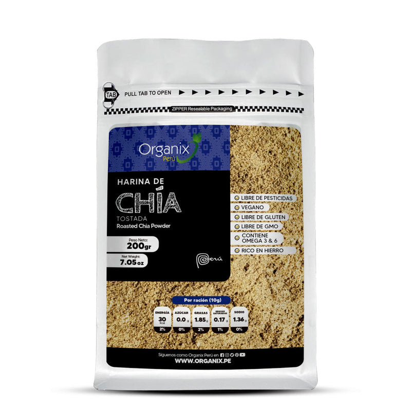 Harina de Chía Tostada Organix Perú en doypack ecológico – superalimento rico en omega 3 y fibra natural.