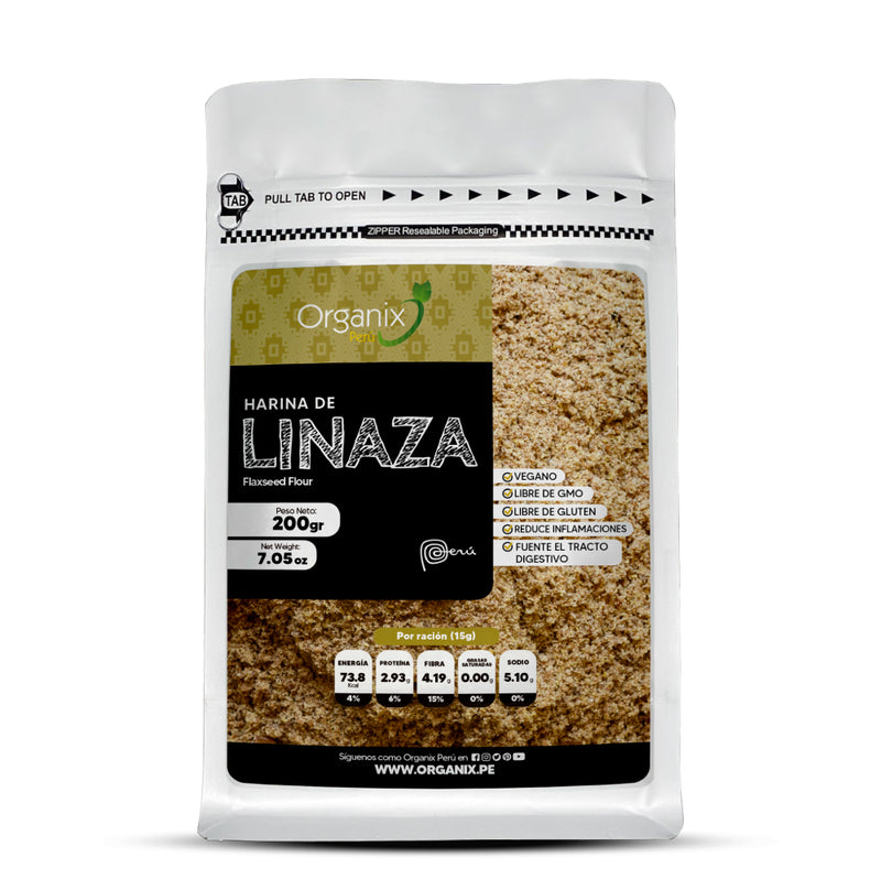 Doypack de Harina de Linaza Organix Perú 100% natural, rica en omega 3, fibra y proteínas vegetales para una alimentación saludable