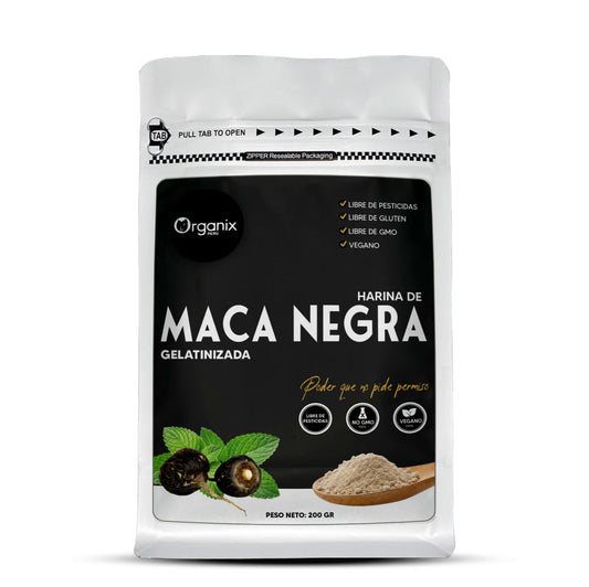 Harina de Maca Negra Gelatinizada Organix Perú 100% natural en envase doypack, superalimento andino energético y nutritivo