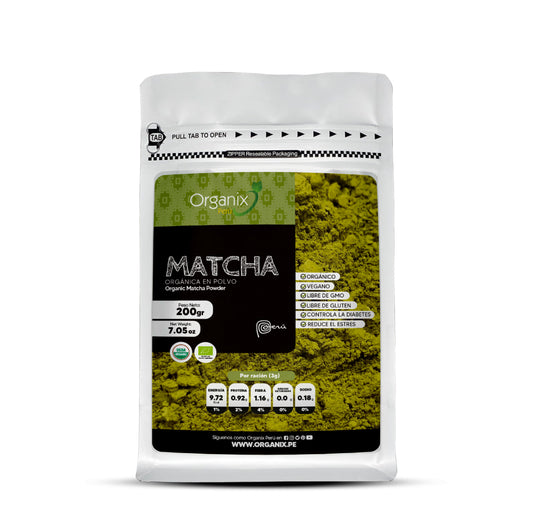 Matcha en polvo orgánico Organix Perú, superalimento antioxidante natural.