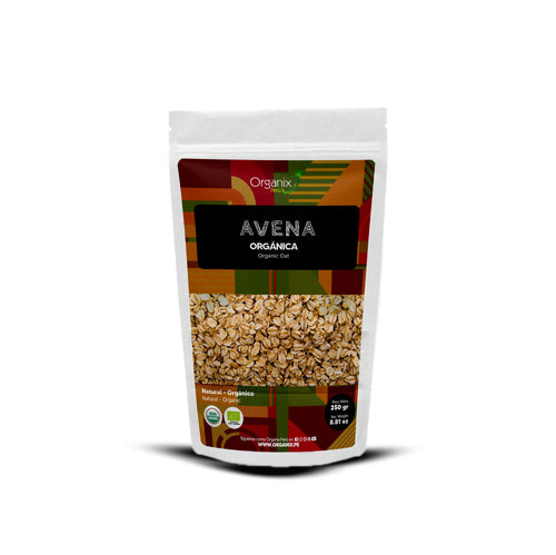 Avena Organix Orgánica en paquete de 300g, rica en carbohidratos de absorción lenta, fibra, proteínas, minerales y vitaminas del grupo B.