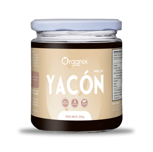 Miel de Yacón Organix Perú en frasco de vidrio, endulzante natural bajo índice glucémico, 100% vegetal.