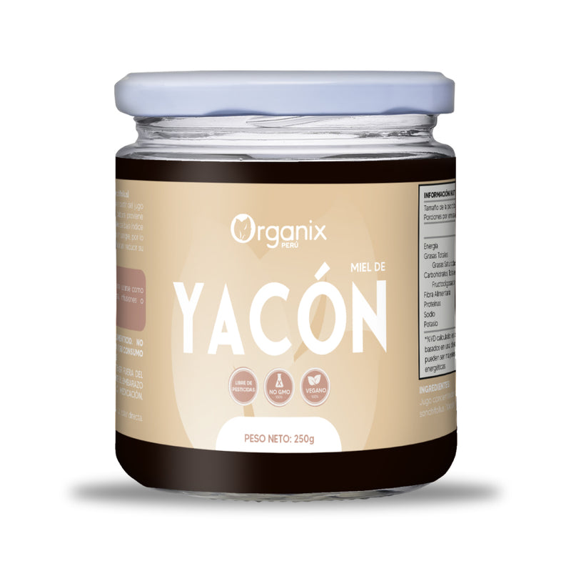 Miel de Yacón Organix Perú en frasco de vidrio, endulzante natural bajo índice glucémico, 100% vegetal.