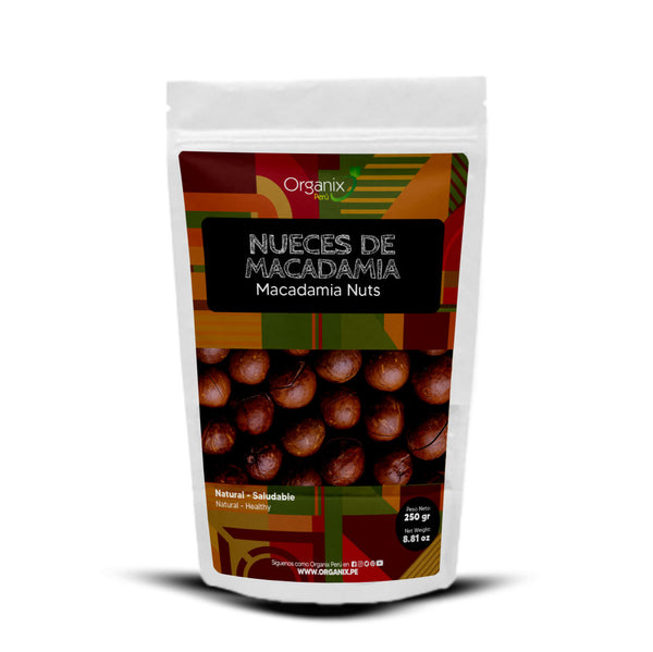 Bolsa de nueces de macadamia Organix de 250g, ricas en proteínas y grasas saludables. Ideales para dietas vegetarianas y una excelente fuente de vitaminas del grupo B y vitamina E