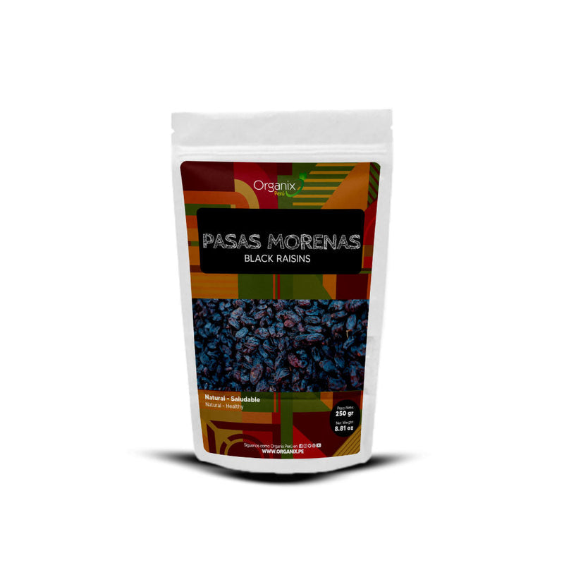 Bag of Organix Perú Pasas Morenas (Black Raisins) packed with natural nutrients, perfect for a healthy snack.