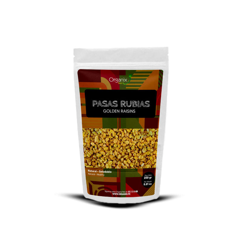 Bag of Organix Perú Pasas Rubias golden raisins, nutrient-rich and a natural source of energy, fiber, and essential minerals.