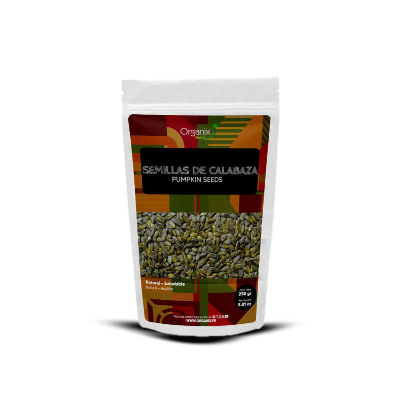 Pack de semillas de calabaza Organix Perú, ricas en omega-3, fibras, grasas saludables, antioxidantes, hierro y magnesio.