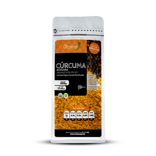 Cúrcuma activada en polvo Organix Perú 100% natural con piperina, antioxidante y funcional.