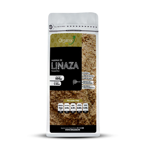 Doypack de Harina de Linaza Organix Perú 100% natural, rica en omega 3, fibra y proteínas vegetales para una alimentación saludable