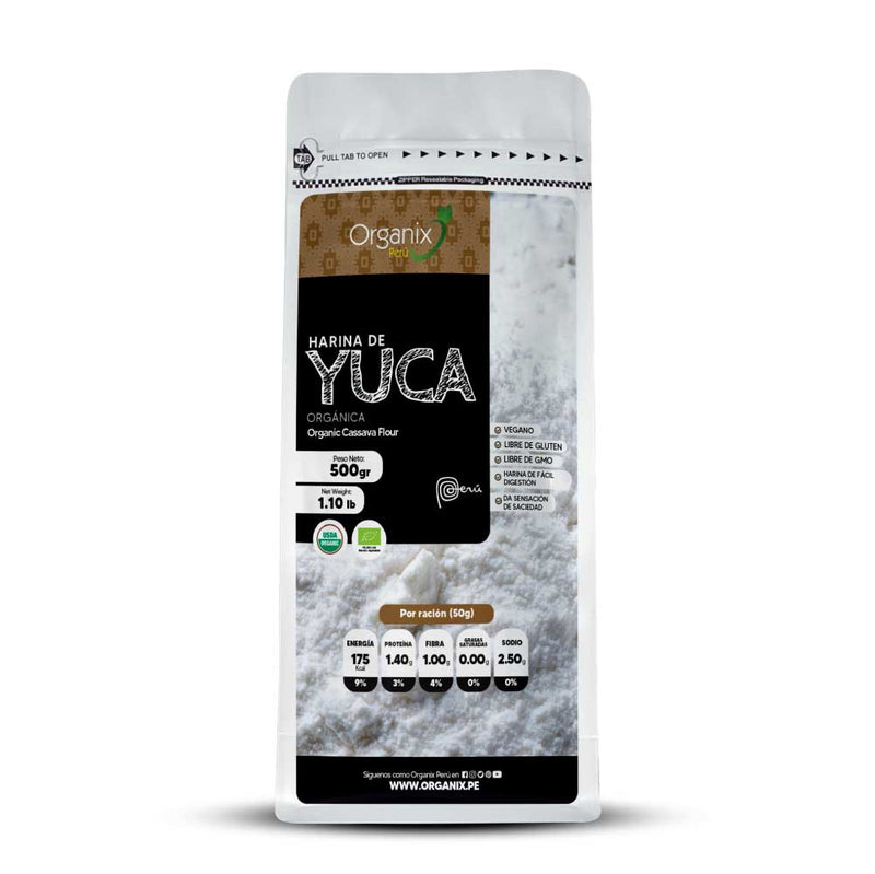 Doypack de Harina de Yuca Organix Perú 100% natural, sin gluten, rica en energía y almidones naturales para una alimentación saludable