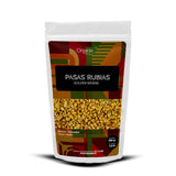 Pasas Rubias Organix Perú, 500g pouch of natural and nutritious golden raisins, rich in carbohydrates, fiber, minerals like calcium, potassium, magnesium, and iron.