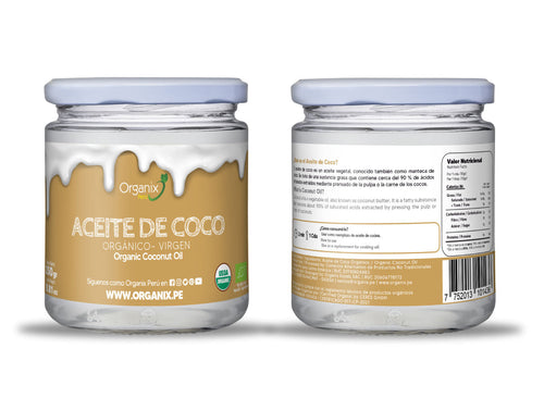 Aceite de Coco Organix Perú, aceite vegetal antioxidante, rico en ácidos fenólicos y ácidos grasos de cadena media