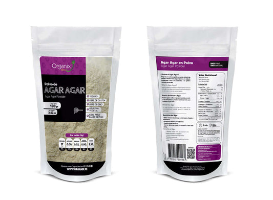 Agar Agar en Polvo Organix Perú, gelatina vegetal, ideal para bajar de peso, elimina residuos del estómago e intestino, regular el azúcar en sangre
