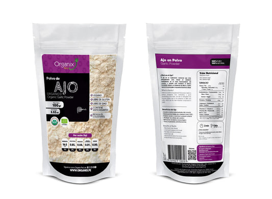 Bolsa de Ajo en Polvo Organix Perú vista delantera y trasera, suplemento nutricional natural para colesterol y sistema inmunitario.